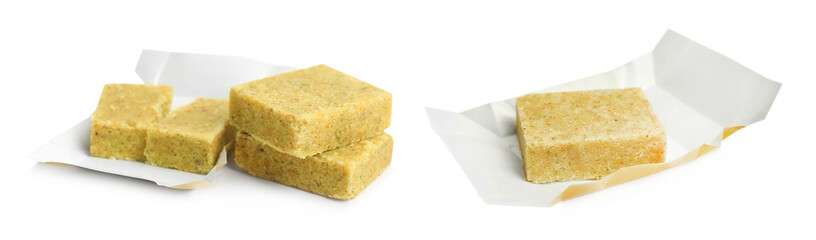 Set with bouillon cubes on white background. Banner design