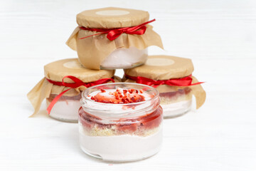 Marshmallow with jam in a transparent jar