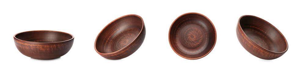 Set with clay bowls on white background. Banner design