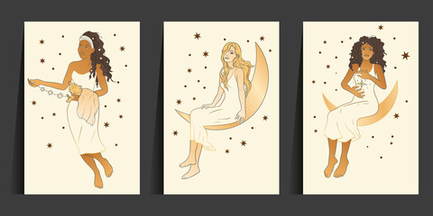 Celestial African American woman and cat sacred astrology boho esoteric art. Moon and star magic girl golden card set.