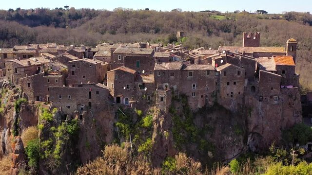Aerial view of the village of Calcata Vecchia in the province of Viterbo
Calcata, a small village built on a tuff mountain (calanchi)