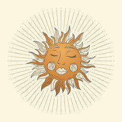 Celestial sun star vector. Sacred dreaming astrology boho esoteric art.