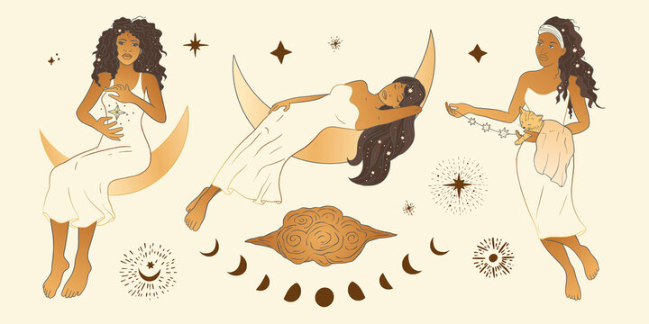 Celestial Woman. African American lady sacred, beauty clipart collection. Astrology boho esoteric moon girl golden art.