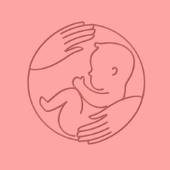 Paper cut style. Logotype with human embryo and caring hands. Baby in the womb. Stylish logo for a prenatal or reproductive clinic, pregnancy brochure, surrogacy agency. Round frame, elegant line icon