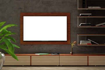 Glowing blank TV screen mock up at night on the concrete wall of modern living room.