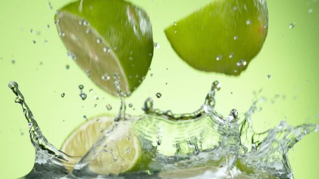 Super slow motion of falling lime slices into splashing water. Filmed on high speed cinema camera, 1000 fps.