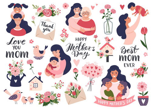 Mothers Day Set With Mom And Daughter, Calligraphy Text, Carnation Flowers. Hand Drawn Vector Illustration.