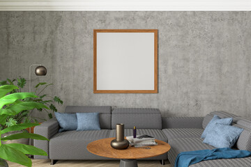 Square blank poster mock up on concrete wall in interior of contemporary living room.