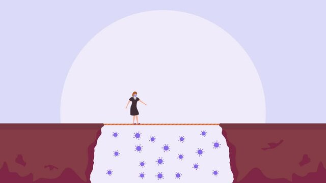 Businesswoman in face mask walking on rope bridge