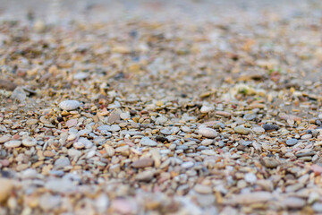 Rounded multicolored gravel on the shores of the Adriatic Sea. Nature background texture pattern.Selective focus.Close up