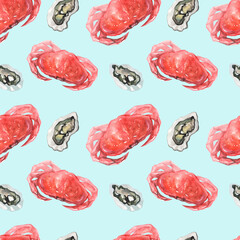 Seamless watercolor pattern with crabs and oysters on a blue background. Mediterranean food. Seafood print.