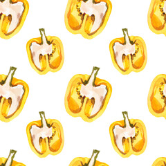 Seamless watercolor pattern with yellow bell peppers. Yellow peppers in a cut. Print with vegetables.