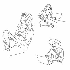 One continuous line drawing of young serious female worker sitting pensively while watching laptop screen at work desk. Business analyze concept. Single line draw graphic design vector illustration