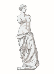 Ancient Greek sculpture, statue of Venus de Milo, goddess of love. Vector illustration isolated on white background. Linear style with shading and color. EPS - 10.