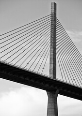 cable-stayed bridge, concrete bridge construction, black and white image 