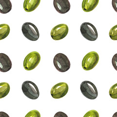 Green olives and black olives on a white background. Seamless watercolor pattern. Vegan print for cafes and kitchens. Mediterranean Kitchen.