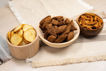 homemade bread croutons. Crispy bread cubes, dry rye crumbs, rusks.