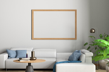 Horizontal blank poster mock up on white wall in interior of contemporary living room.