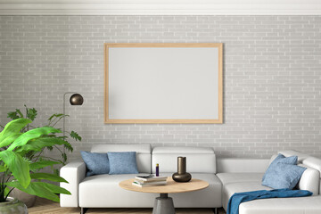 Horizontal blank poster mock up on white brick wall in interior of contemporary living room.