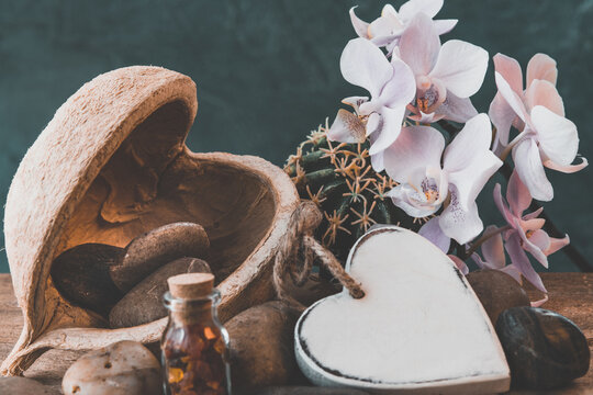 ZEIT F&Uuml;R MICH Dekoration mit Herz Wellness Orchidee Steine Holz Platz f&uuml;r Text