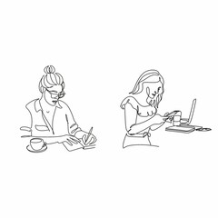 One continuous line drawing of young serious female worker sitting pensively while watching laptop screen at work desk. Business analyze concept. Single line draw graphic design vector illustration