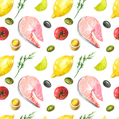 Seamless watercolor pattern. Tomatoes, herbs, lemons, olives, a piece of salmon and olive oil. Vegan print for kitchens and cafes. Organic vegetables on a white background. Mediterranean food.