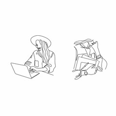 One continuous line drawing of young serious female worker sitting pensively while watching laptop screen at work desk. Business analyze concept. Single line draw graphic design vector illustration