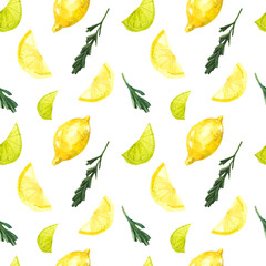 Lemons and rosemary on a white background. Seamless watercolor pattern with lime and lemon slices. Citrus print for the kitchen.