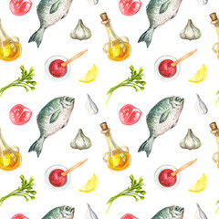 Mediterranean Kitchen. Print with healthy products. Seamless watercolor pattern. Tomato sauce, fish, olive oil, herbs, garlic, tomato and lemon.