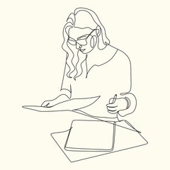 One continuous line drawing of young serious female worker sitting pensively while watching laptop screen at work desk. Business analyze concept. Single line draw graphic design vector illustration