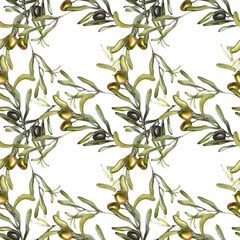 Seamless watercolor pattern. A repeating olive branch. Print with olive branches. Watercolor print with branches on a white background. Mediterranean plants.