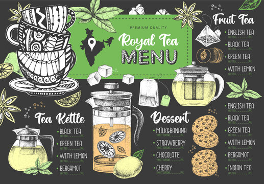 Hand drawing artistic Restaurant Royal Tea menu design. Decorative sketch of teapot. Vintage style