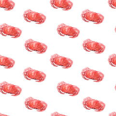 Seamless watercolor pattern with red crabs on a white background. Seafood print. Mediterranean Kitchen.