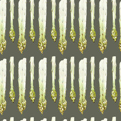 Seamless watercolor pattern with asparagus on a green background. Vegan print with asparagus. Healthy and healthy food.