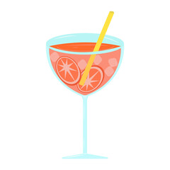 delicious orange fruit cocktail with yellow straw and ice cubes in a glass goblet