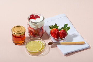 Homemade strawberry face mask ingredients. DIY homemade natural skin care products.