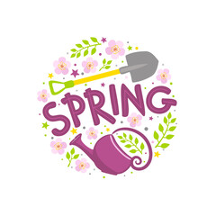 Cute Spring lettering emblem with blooming flowers, shovel and watering can. Hand drawn round Logo for postcard, poster or banner. Vector illustration in doodle style isolated on white background