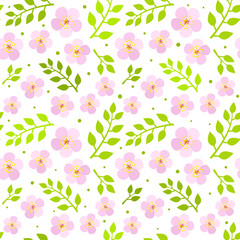 Seamless pattern of blooming cherry flowers and green twigs. Background of hand drawn pink flowers and green leaves. Spring Vector illustration.