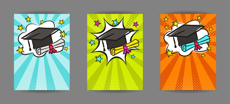 Bright pop art banner for Graduation with cap, scroll and stars. Cartoon text frame on a ray background. Comic educate Template for web design, banners, cards, coupons and posters. Vector illustration