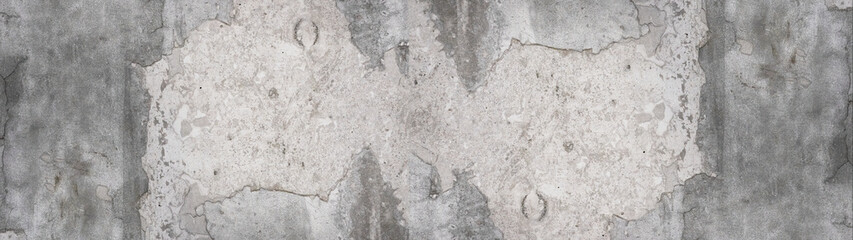 Grunge gray grey white damaged concrete cement facade, peeled off plaster, weathered aged rustic texture background banner panorama