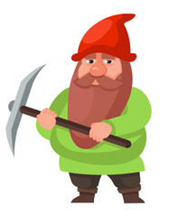 Gnome holding pickaxe. Fairy tale character in cartoon style.