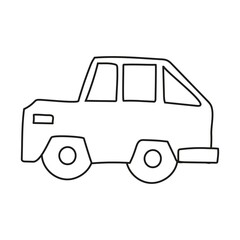 Hand drawn doodle jeep car for coloring children book. Simple line, 2 - 4 age group. Big mashines, lorry, havy vehicle transport.
