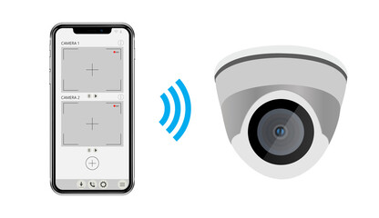 CCTV camera and video surveillance app on screen of smartphone. Wi-Fi dome camera. © CESM I Studio