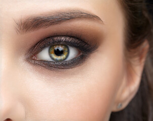 Closeup macro shot of human female eye with pink eyes shadows