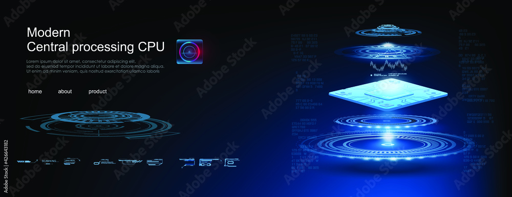 Poster powerful processor for processing large amounts of information. development of electronic chips and 