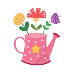 Pink watering can with flowers. Cute hand drawn beautiful flowerpot in cartoon style. Spring and summer floral isolated element. Great for springtime, gardening and farming design. Vector illustration