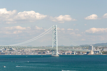 View of Akashi-Kaikyo Bridge from Awaji island in Japan.