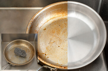 Compare burnt pan image before and after cleaning the unclean able stained pot from burnt cooking...