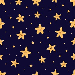 Seamless pattern with cute cartoon stars on  purple background. Space vector print. Heavenly flat poster.