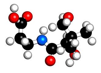 Vitamin B5 (pantothenic acid, pantothenate) molecule. 3D rendering. Atoms are represented as spheres with conventional color coding: hydrogen (white), carbon (black), oxygen (red), nitrogen (blue).